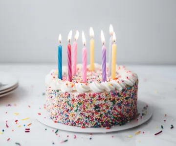 A birthday cake with lit candles